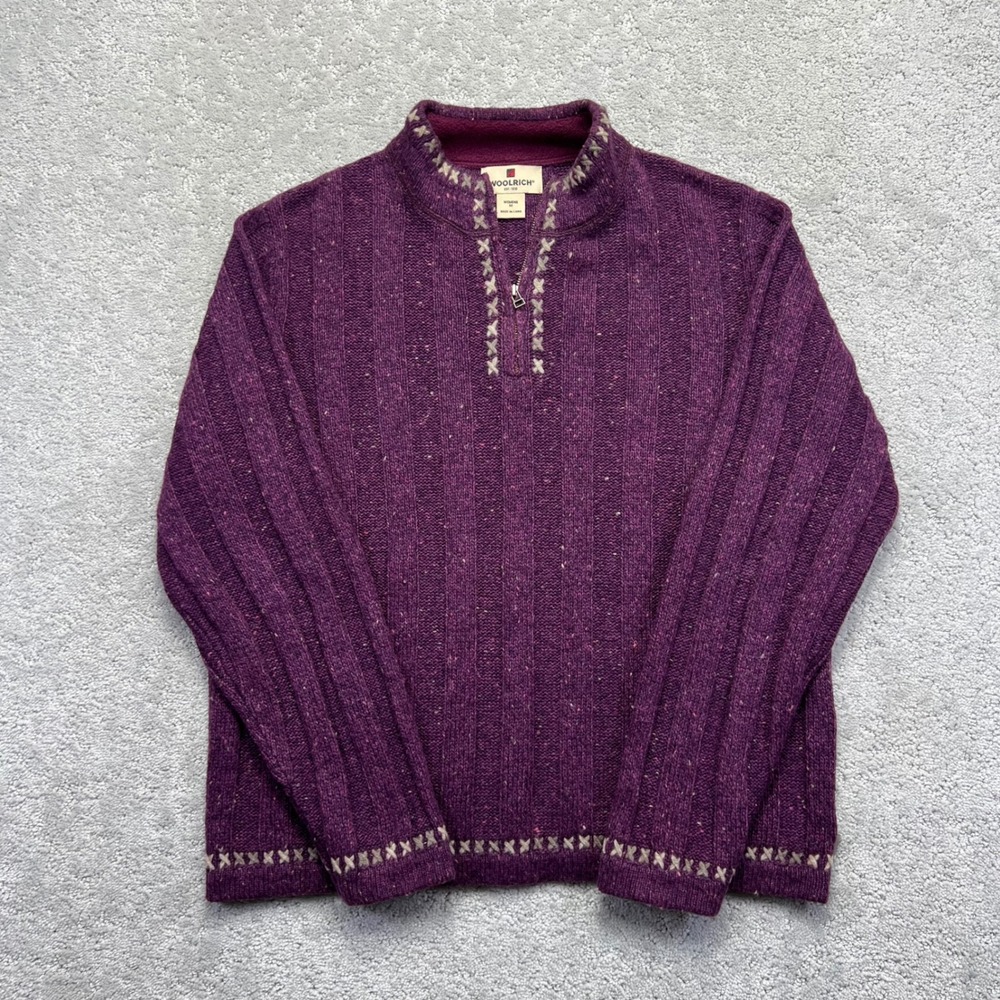 Woolrich Sweater Womens Medium Wineberry Heather 1/4 Zip Ribbed Knit Wool Blend
